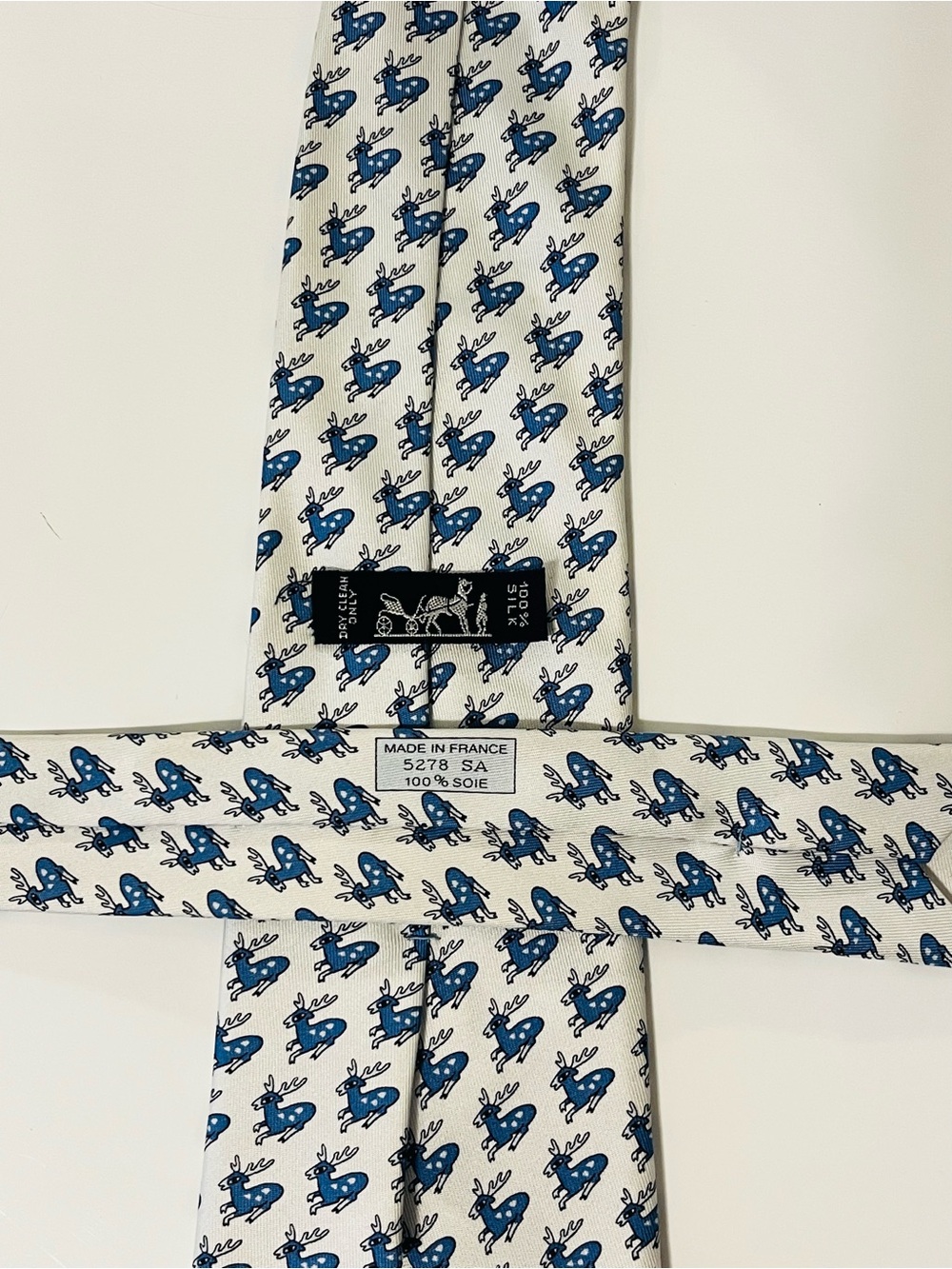 HERMES 5278 SA Mens Neck Tie 100% Silk Deer Stag Novelty Blue France Fathers Day - Picture 5 of 8